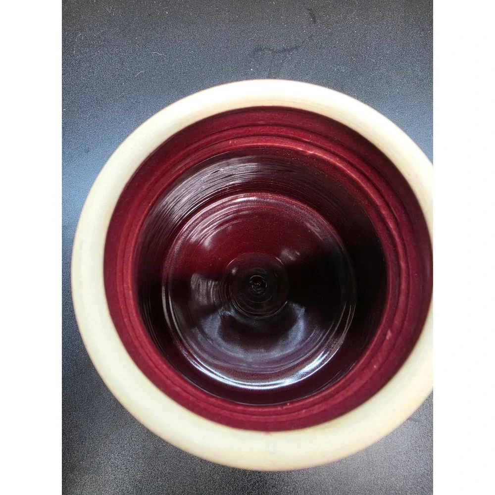 Signed Studio Pottery Rose Canister Burgundy Cream Stoneware Lidded Jar 9.5